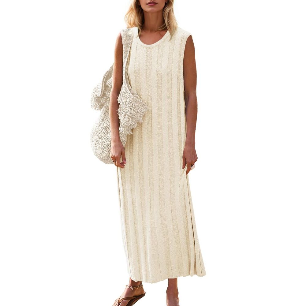 Scoop Neck Ribbed Knit Tank Top Beige Dress, Small, 4I-195D002